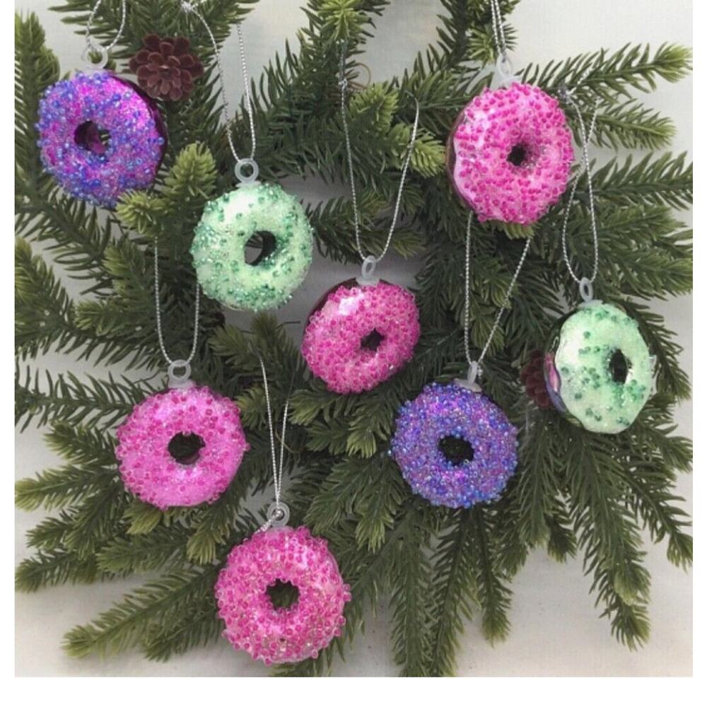 8 Donuts Mini Tree Christmas Ornaments-Pink Purple Green Food Sweet Treat Pastry